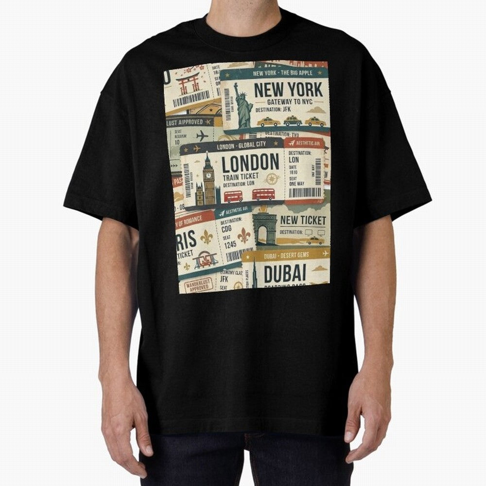 World Travel Ticket Aesthetic Collage Global City Vibes Oversized T-Shirt Remember Iconic Moments from the FIFA World Cup 2026 Group Stage Journey through Neymar Highlights, Argentina and Brazil Pride, Stadium Memories, Football Loyalty,