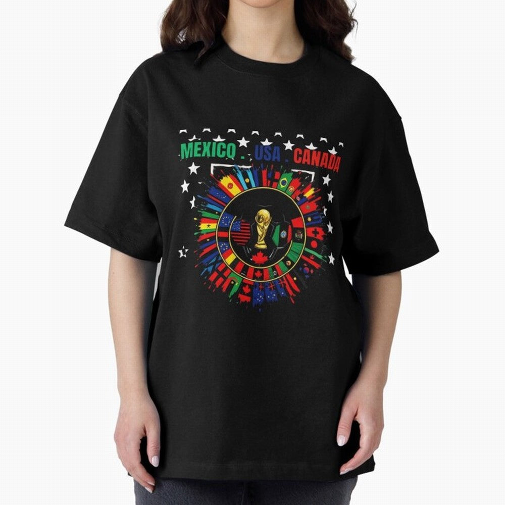 Multinational Nations Flags Badge Oversized T-Shirt Celebrate Classic Football Spirit in Global Football Passion for FIFA World Cup 2026, Featuring Messi, Spain and Netherlands, Classic Soccer Heritage, Championship Pressure, Fan Loyalty and