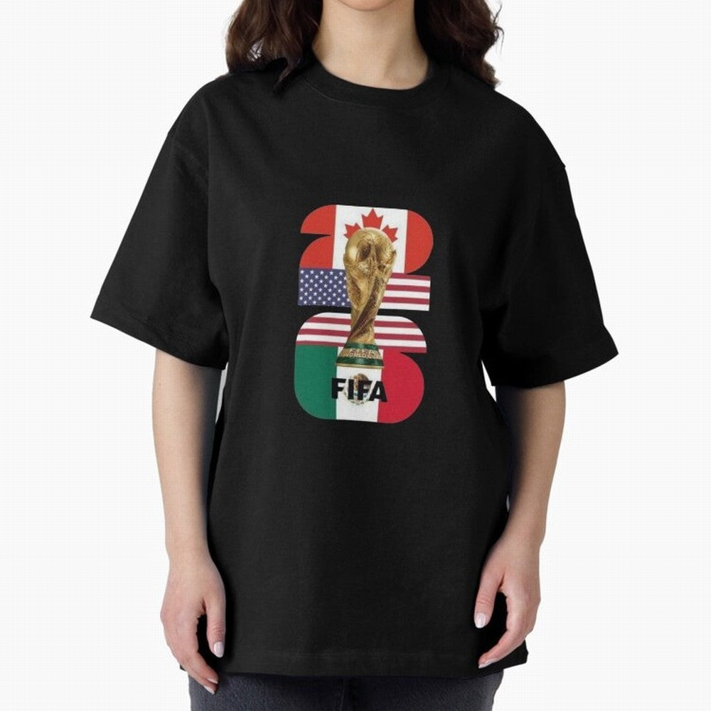Three Nations Host Trophy Vertical Oversized T-Shirt Celebrate Supporters United by Match Day Hype around FIFA World Cup 2026 USA Canada Mexico, Mbappe and Neymar, Spain and Netherlands, Sports Nostalgia, International Competition, Famous Players