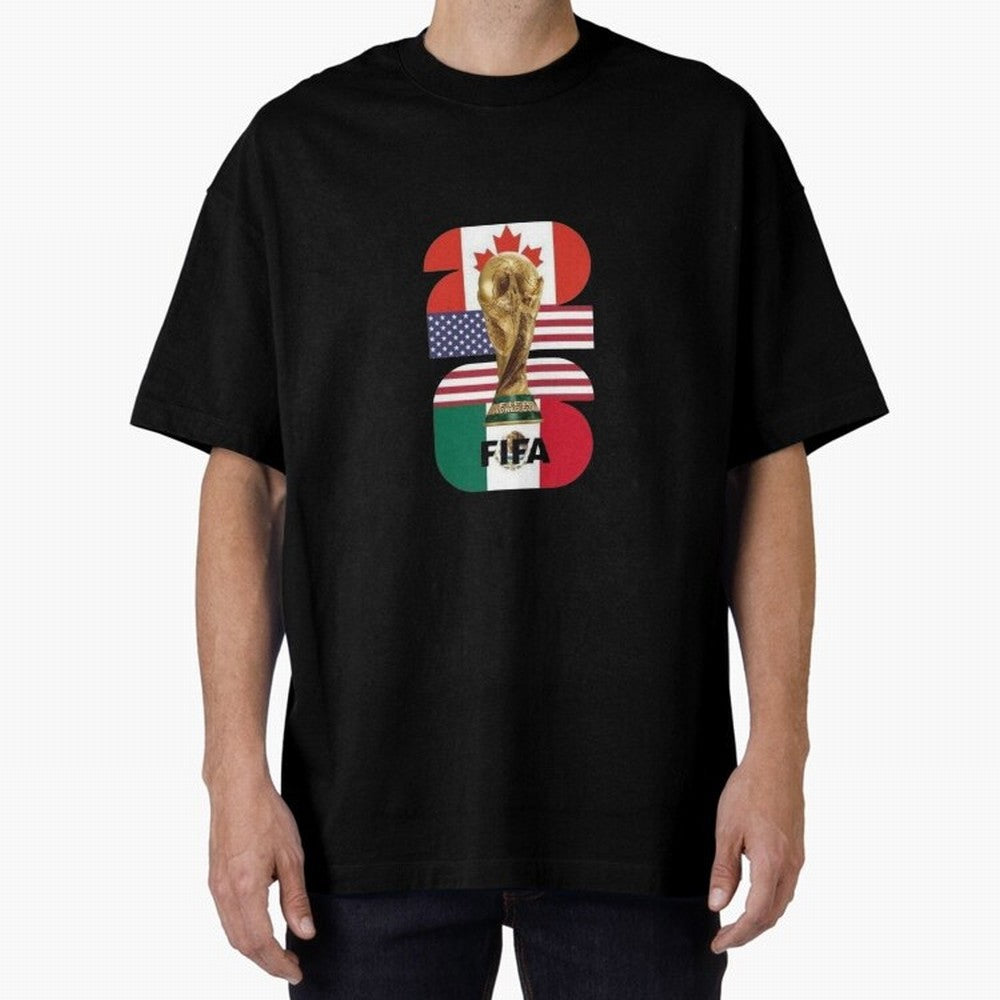 Three Nations Host Trophy Vertical Oversized T-Shirt Celebrate Supporters United by Match Day Hype around FIFA World Cup 2026 USA Canada Mexico, Mbappe and Neymar, Spain and Netherlands, Sports Nostalgia, International Competition, Famous Players