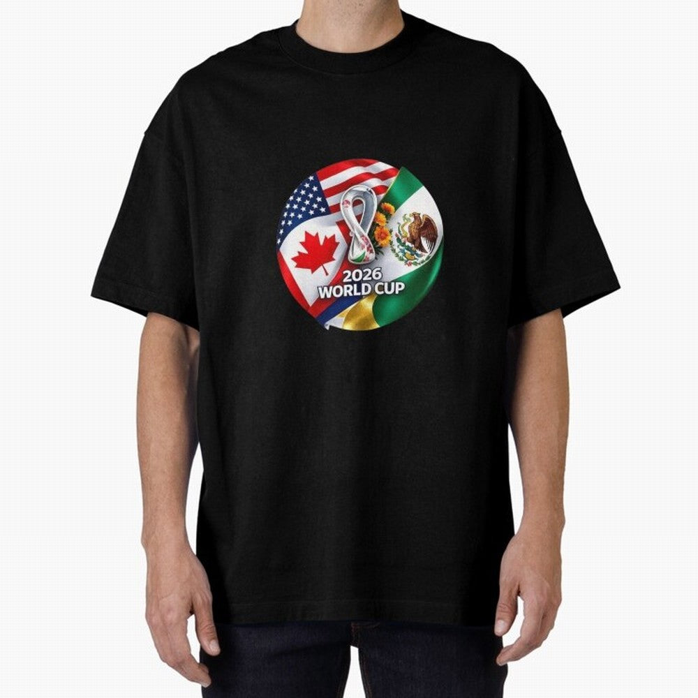 Host Trio Flags Circular Emblem Oversized T-Shirt Make Every Match About FIFA World Cup 2026 USA Canada Mexico Capturing CR7, Spain Energy, Football History, Final Match Energy, Crowd Noise and Once in a Lifetime Moments; Perfect for Supporters Who