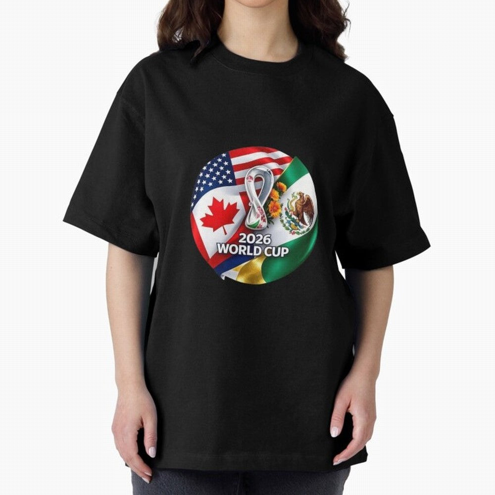 Host Trio Flags Circular Emblem Oversized T-Shirt Make Every Match About FIFA World Cup 2026 USA Canada Mexico Capturing CR7, Spain Energy, Football History, Final Match Energy, Crowd Noise and Once in a Lifetime Moments; Perfect for Supporters Who