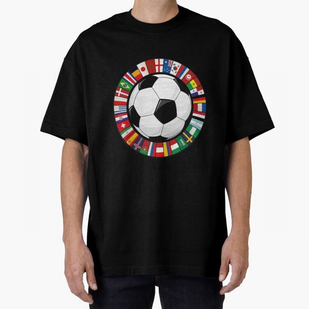 Global Nations Football Circle Art Oversized T-Shirt Celebrate Classic Football Spirit in Global Football Passion for FIFA World Cup 2026, Inspired by Messi, CR7 and Mbappe, Brazil, Portugal and Argentina, Stadium Chants, National Pride, Trophy