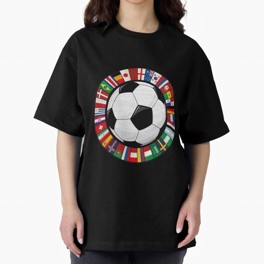 Global Nations Football Circle Art Oversized T-Shirt Celebrate Classic Football Spirit in Global Football Passion for FIFA World Cup 2026, Inspired by Messi, CR7 and Mbappe, Brazil, Portugal and Argentina, Stadium Chants, National Pride, Trophy