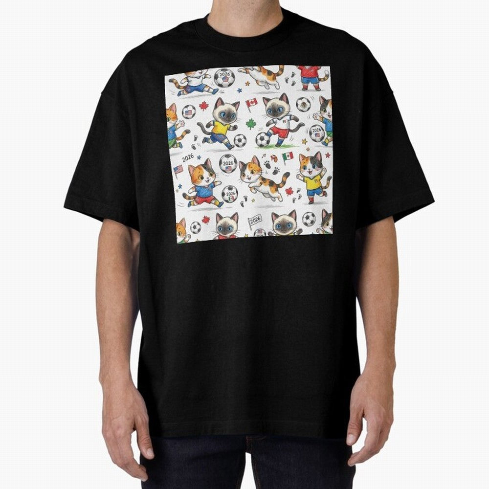 Chibi Soccer Cats 2026 - Cute Football Kittens Pattern Oversized T-Shirt Capture the FIFA World Cup 2026 USA Canada Mexico Journey through Mbappe Highlights, Portugal, Spain and Germany Pride, Championship Spirit, Famous Goals, Roaring Crowds and