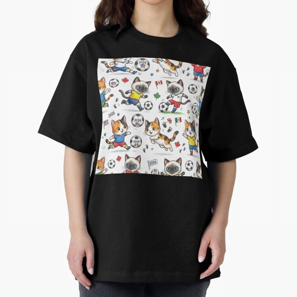 Chibi Soccer Cats 2026 - Cute Football Kittens Pattern Oversized T-Shirt Capture the FIFA World Cup 2026 USA Canada Mexico Journey through Mbappe Highlights, Portugal, Spain and Germany Pride, Championship Spirit, Famous Goals, Roaring Crowds and