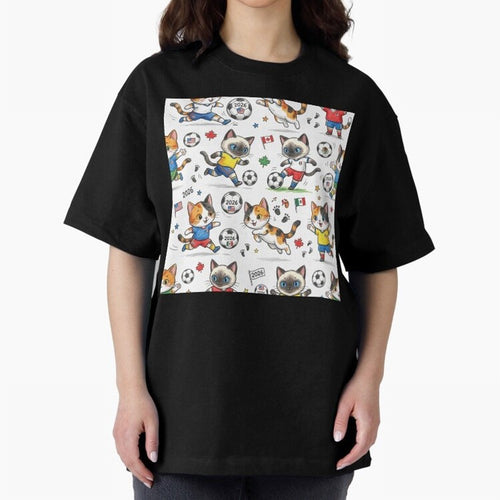 Chibi Soccer Cats 2026 - Cute Football Kittens Pattern Oversized T-Shirt Capture the FIFA World Cup 2026 USA Canada Mexico Journey through Mbappe Highlights, Portugal, Spain and Germany Pride, Championship Spirit, Famous Goals, Roaring Crowds and
