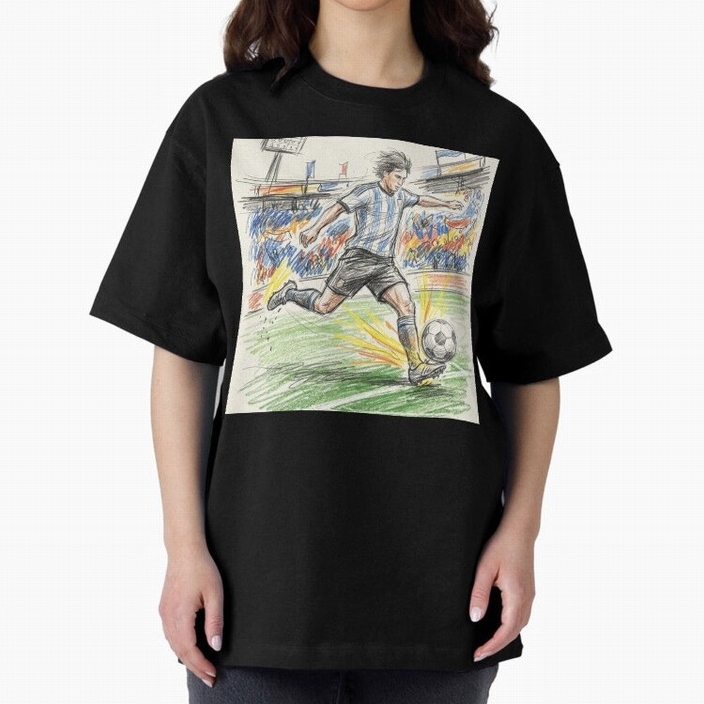 Dynamic Soccer Power Kick - Blue & White Jersey Style Oversized T-Shirt Create FIFA World Cup 2026 Spirit, Connected to England, Neymar, Haaland and Cristiano Ronaldo, Classic Soccer Heritage, Championship Pressure, Fan Loyalty and International
