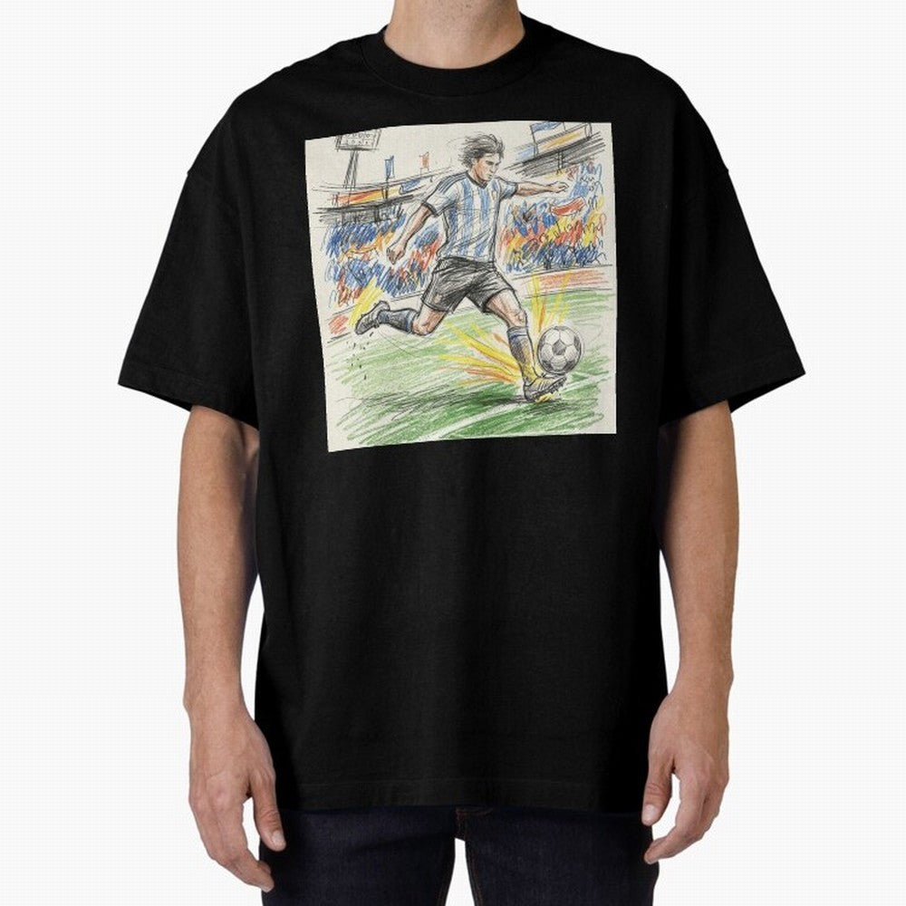Dynamic Soccer Power Kick - Blue & White Jersey Style Oversized T-Shirt Create FIFA World Cup 2026 Spirit, Connected to England, Neymar, Haaland and Cristiano Ronaldo, Classic Soccer Heritage, Championship Pressure, Fan Loyalty and International