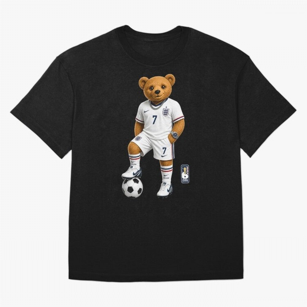England Soccer Bear World Cup Teddy Bear Oversized T-Shirt Follow Every Goal of the FIFA World Cup 2026 USA Canada Mexico Journey through Mbappe and Neymar Highlights, Argentina, France and Brazil Pride, Championship Spirit, Famous Goals, Roaring