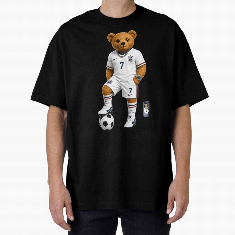 England Soccer Bear World Cup Teddy Bear Oversized T-Shirt Follow Every Goal of the FIFA World Cup 2026 USA Canada Mexico Journey through Mbappe and Neymar Highlights, Argentina, France and Brazil Pride, Championship Spirit, Famous Goals, Roaring