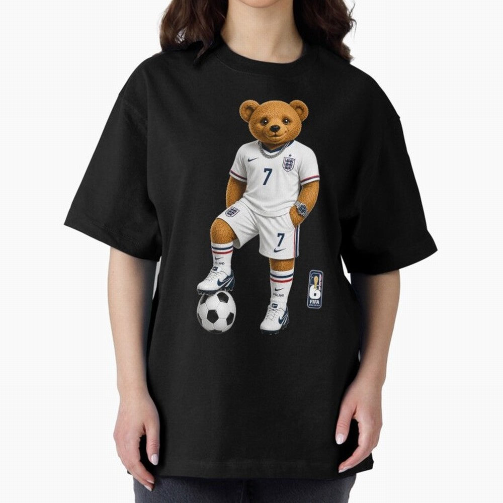 England Soccer Bear World Cup Teddy Bear Oversized T-Shirt Follow Every Goal of the FIFA World Cup 2026 USA Canada Mexico Journey through Mbappe and Neymar Highlights, Argentina, France and Brazil Pride, Championship Spirit, Famous Goals, Roaring
