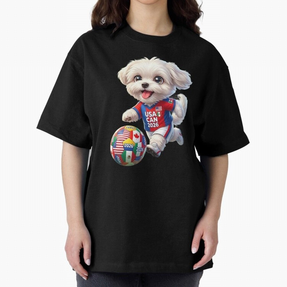 Cute Maltese Soccer Star - FIFA 2026 World Cup Edition Oversized T-Shirt Bring the FIFA World Cup 2026 USA Canada Mexico Journey through Messi, Neymar and Mbappe Highlights, Spain and Netherlands Pride, Global Supporter Spirit, Legendary Goals,