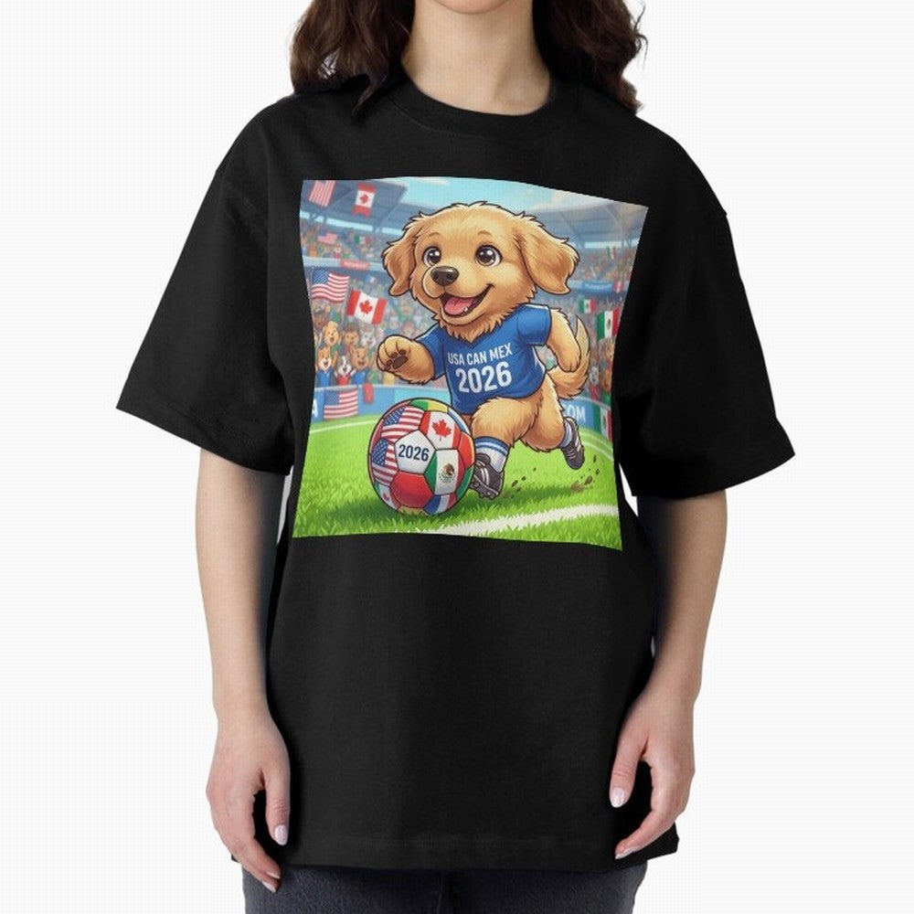 Golden Retriever Soccer Champ - World Cup 2026 Spirit Oversized T-Shirt Create the FIFA World Cup 2026 USA Canada Mexico Journey through Messi, CR7 and Mbappe Highlights, Argentina, France and Brazil Pride, Match Day Excitement, Supporter Culture,