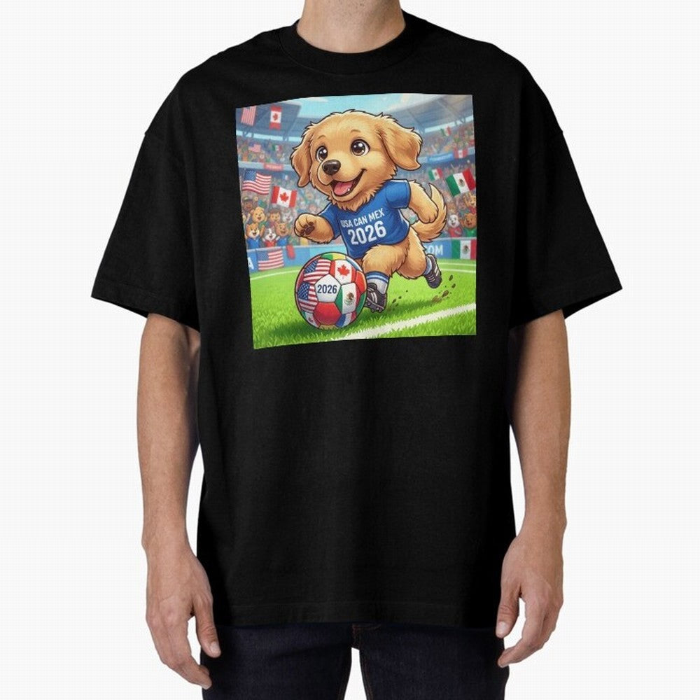 Golden Retriever Soccer Champ - World Cup 2026 Spirit Oversized T-Shirt Create the FIFA World Cup 2026 USA Canada Mexico Journey through Messi, CR7 and Mbappe Highlights, Argentina, France and Brazil Pride, Match Day Excitement, Supporter Culture,