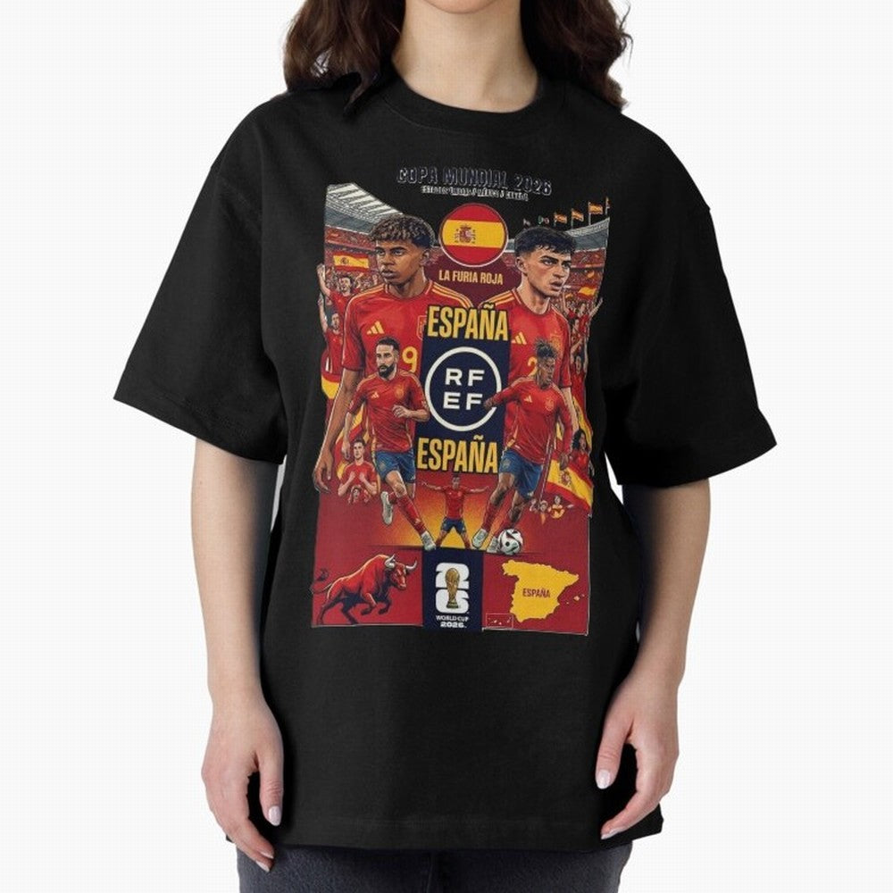 Spain 2026 ¨C La Furia Roja World Cup Poster Oversized T-Shirt Represent FIFA World Cup 2026 Spirit, Capturing France, Messi, CR7 and Mbappe, Fan Favorite Moments, National Team Passion, Big Match Drama and Soccer History; Made for Die Hard