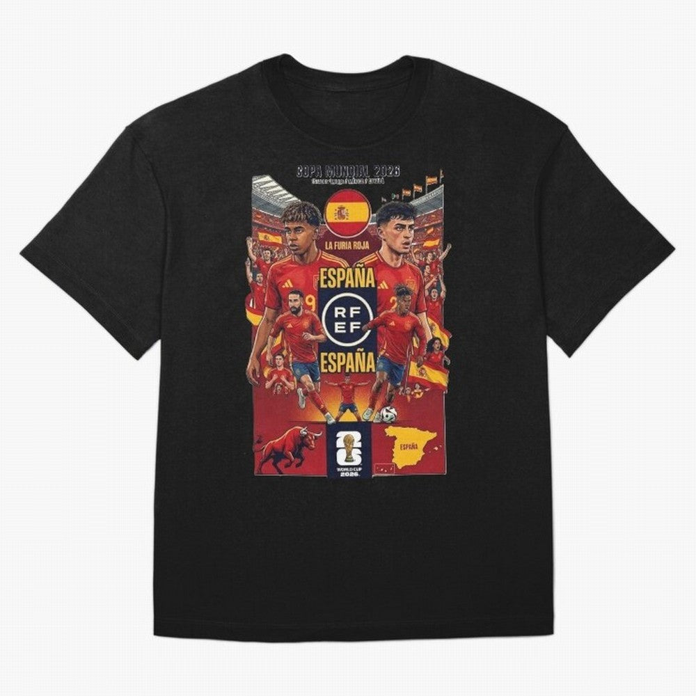 Spain 2026 ¨C La Furia Roja World Cup Poster Oversized T-Shirt Represent FIFA World Cup 2026 Spirit, Capturing France, Messi, CR7 and Mbappe, Fan Favorite Moments, National Team Passion, Big Match Drama and Soccer History; Made for Die Hard