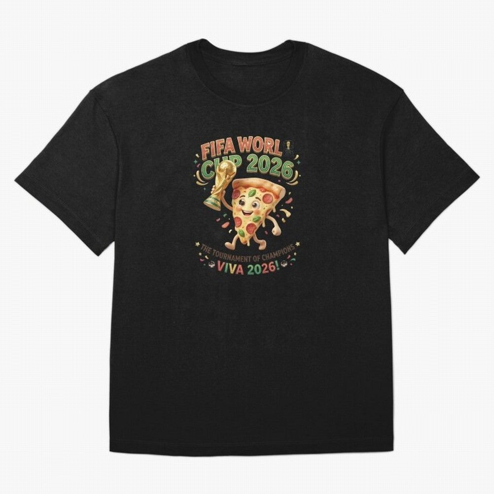 Happy Pizza Character Holding World Cup 2026 Trophy Oversized T-Shirt Support Iconic Players in Match Day Hype around FIFA World Cup 2026 Group Stage, Haaland and Mbappe, Argentina and Brazil, Stadium Memories, Football Loyalty, International