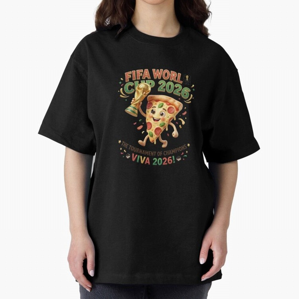 Happy Pizza Character Holding World Cup 2026 Trophy Oversized T-Shirt Support Iconic Players in Match Day Hype around FIFA World Cup 2026 Group Stage, Haaland and Mbappe, Argentina and Brazil, Stadium Memories, Football Loyalty, International