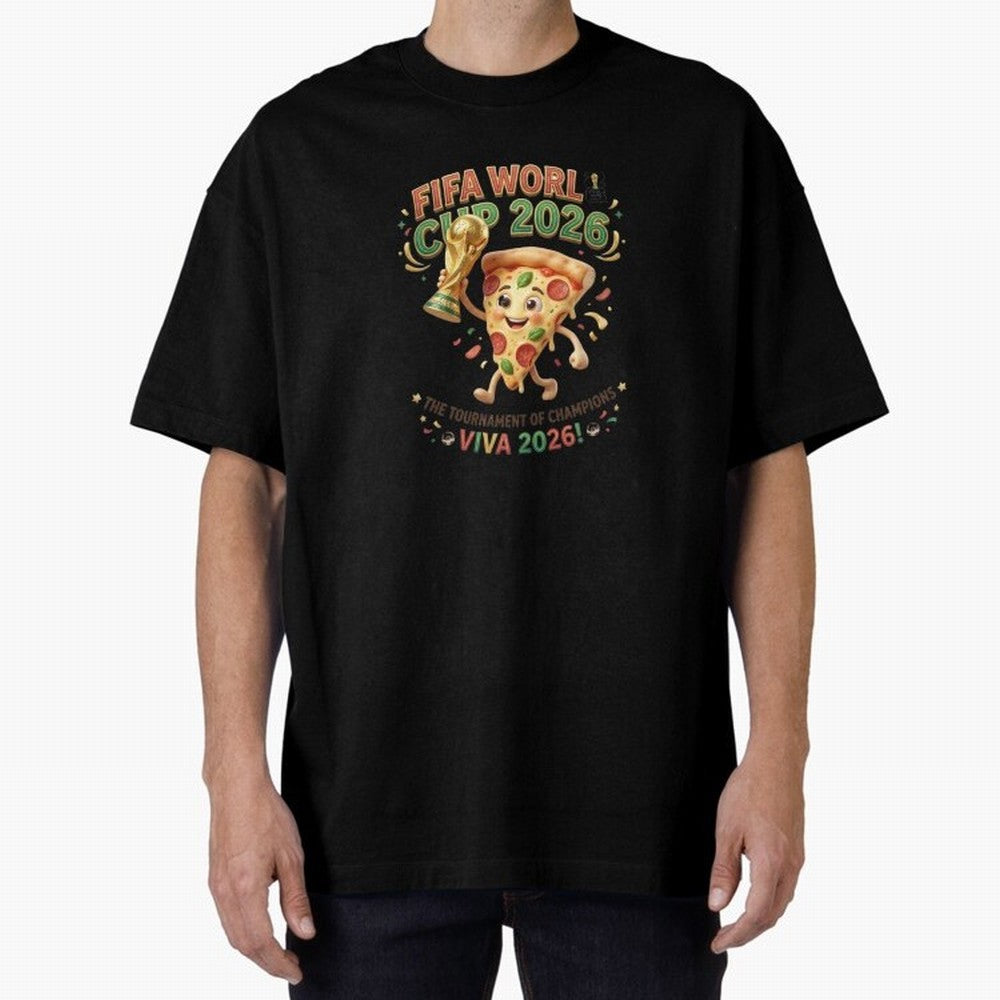 Happy Pizza Character Holding World Cup 2026 Trophy Oversized T-Shirt Support Iconic Players in Match Day Hype around FIFA World Cup 2026 Group Stage, Haaland and Mbappe, Argentina and Brazil, Stadium Memories, Football Loyalty, International