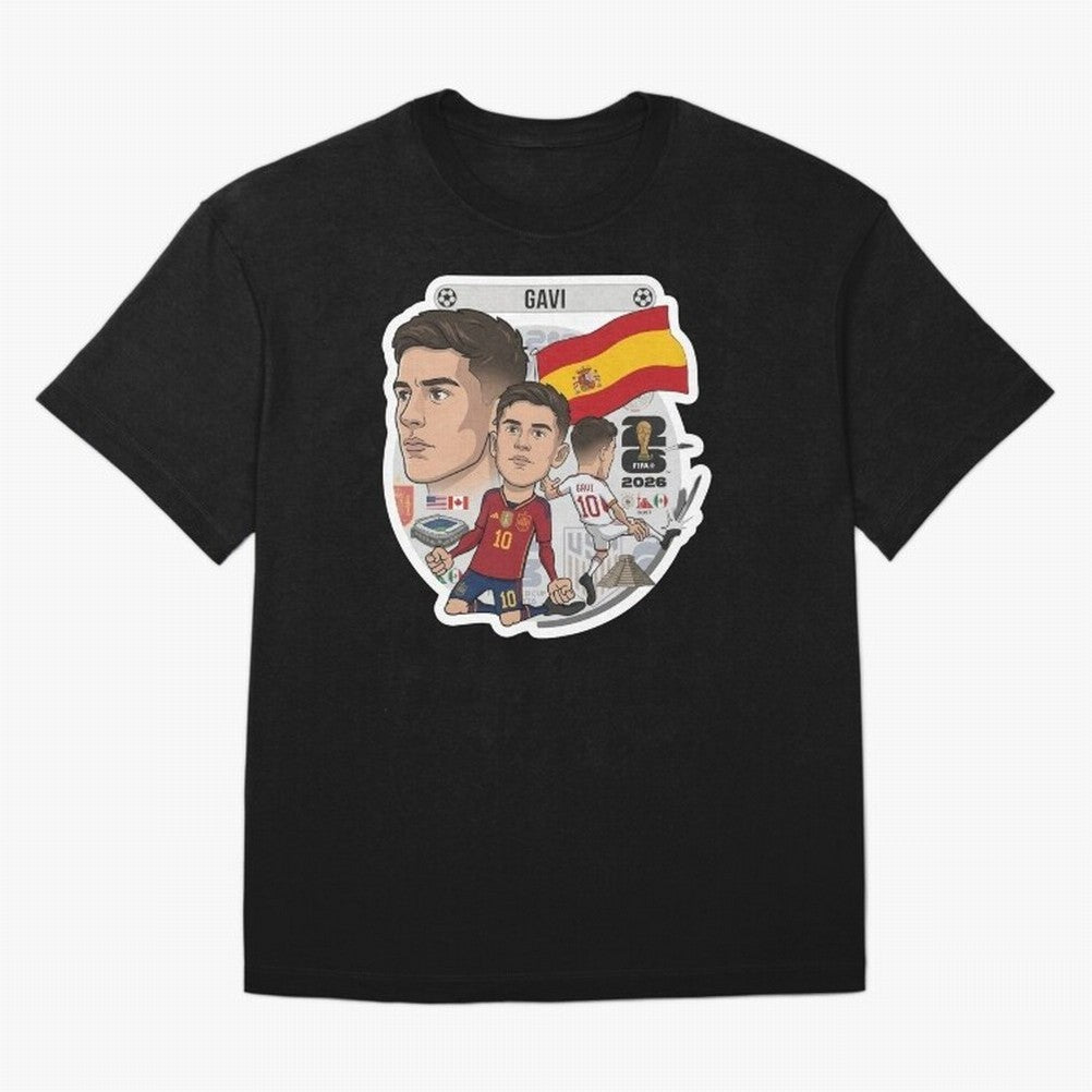 Gavi Spain National Team Football Cartoon Illustration Oversized T-Shirt Get Ready for Match Day Hype around FIFA World Cup 2026, Mbappe and Neymar, England, Football Passion, Legendary Performances, Festival Vibes and Supporter Community; Created