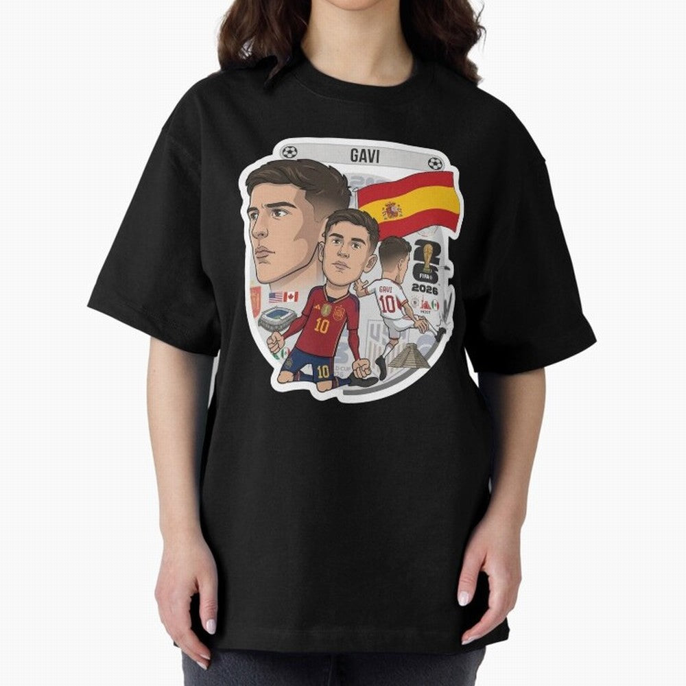Gavi Spain National Team Football Cartoon Illustration Oversized T-Shirt Get Ready for Match Day Hype around FIFA World Cup 2026, Mbappe and Neymar, England, Football Passion, Legendary Performances, Festival Vibes and Supporter Community; Created