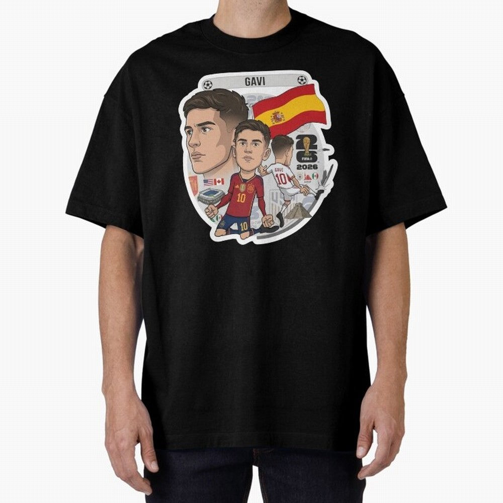 Gavi Spain National Team Football Cartoon Illustration Oversized T-Shirt Get Ready for Match Day Hype around FIFA World Cup 2026, Mbappe and Neymar, England, Football Passion, Legendary Performances, Festival Vibes and Supporter Community; Created
