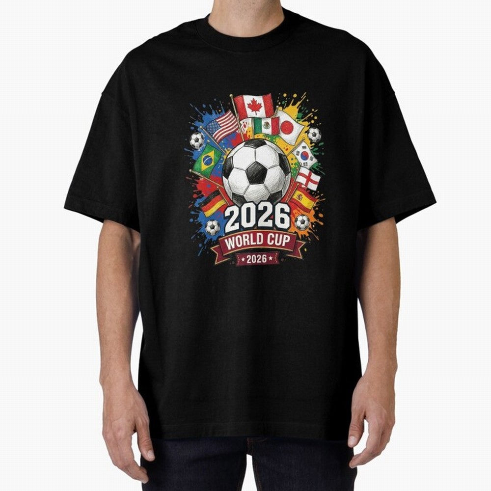 2026 World Cup Soccer Flags Graphic Oversized T-Shirt Discover the FIFA World Cup 2026 Group Stage Journey through Mbappe and Neymar Highlights, Netherlands Pride, Football Passion, Legendary Performances, Festival Vibes and Supporter Community;