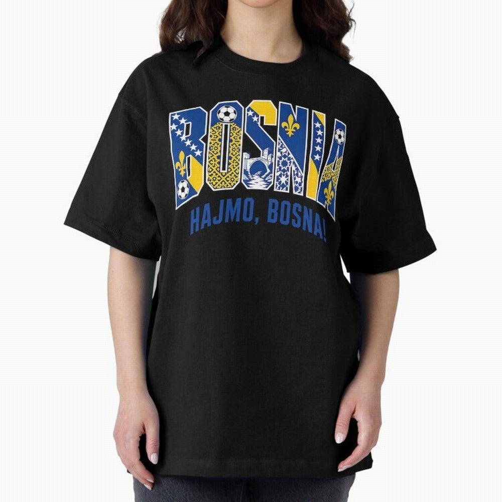 Bosnia Hajmo Bosna Football Soccer Fan Bosnian Supporter Flag Oversized T-Shirt Celebrate National Team Dreams in FIFA World Cup 2026 Spirit, with France, Messi, Vintage Soccer Flavor, Modern Football Stars, National Flags and Final Night Emotion;