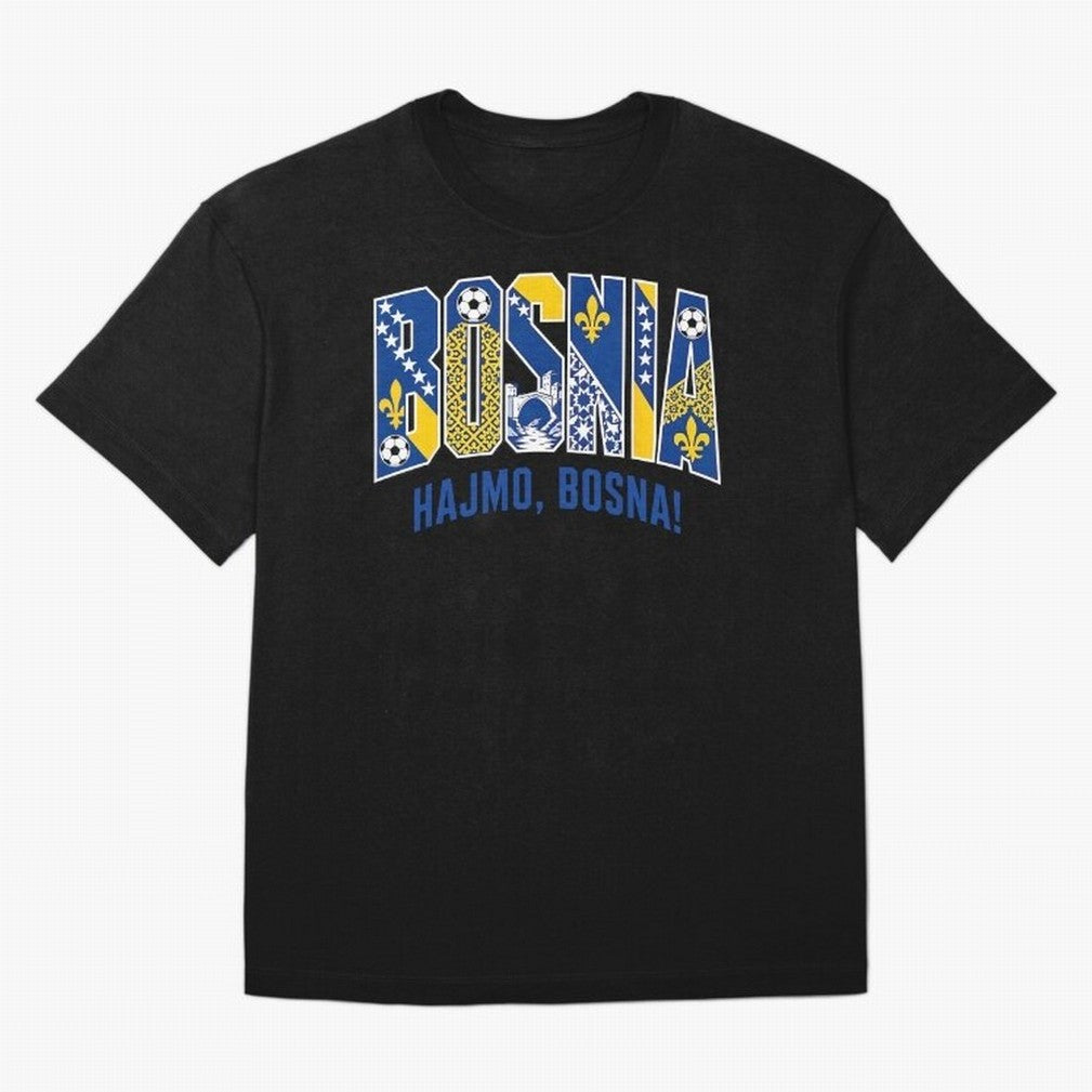 Bosnia Hajmo Bosna Football Soccer Fan Bosnian Supporter Flag Oversized T-Shirt Celebrate National Team Dreams in FIFA World Cup 2026 Spirit, with France, Messi, Vintage Soccer Flavor, Modern Football Stars, National Flags and Final Night Emotion;
