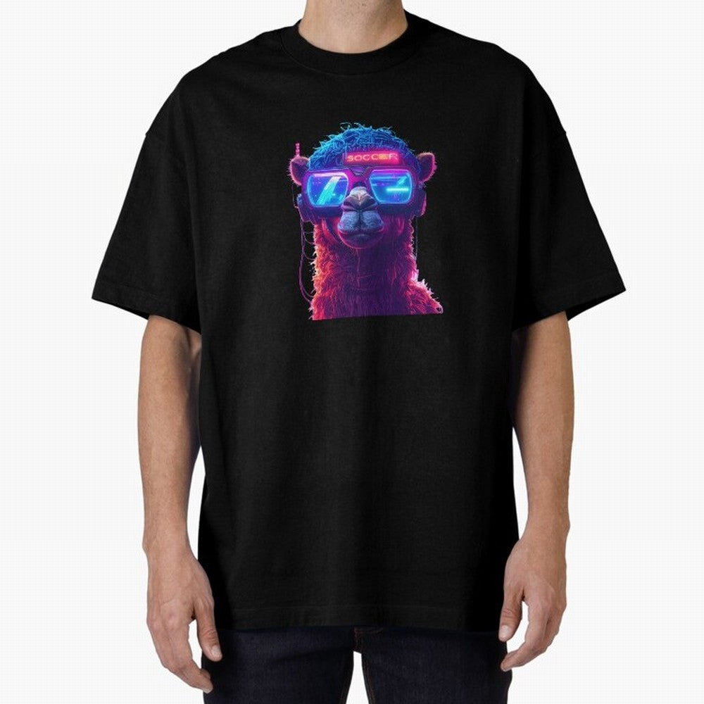Cyberpunk Llama with Neon Soccer Vibes Oversized T-Shirt Support Iconic Players in the FIFA World Cup 2026 Group Stage Journey through Mbappe and Neymar Highlights, England, France and Netherlands Pride, Tournament Hype, Historic Matchups, Family