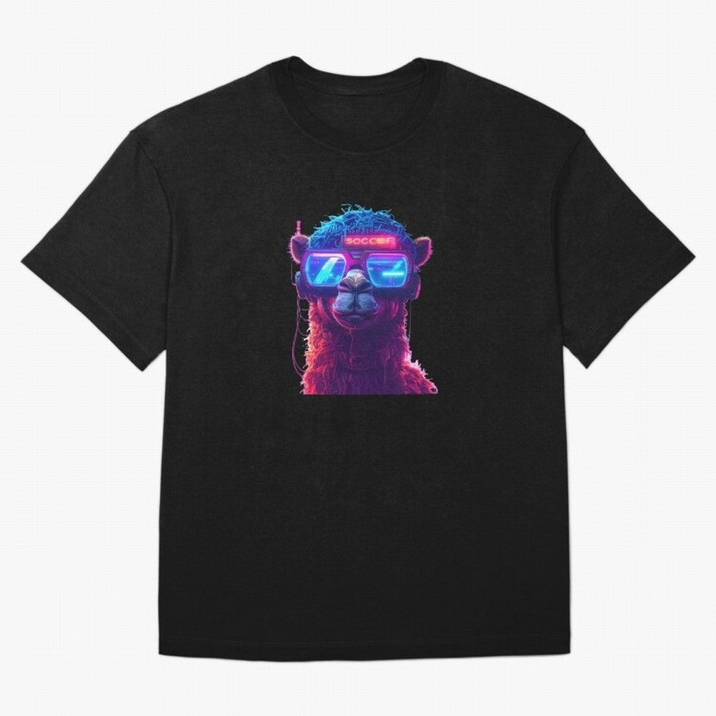 Cyberpunk Llama with Neon Soccer Vibes Oversized T-Shirt Support Iconic Players in the FIFA World Cup 2026 Group Stage Journey through Mbappe and Neymar Highlights, England, France and Netherlands Pride, Tournament Hype, Historic Matchups, Family