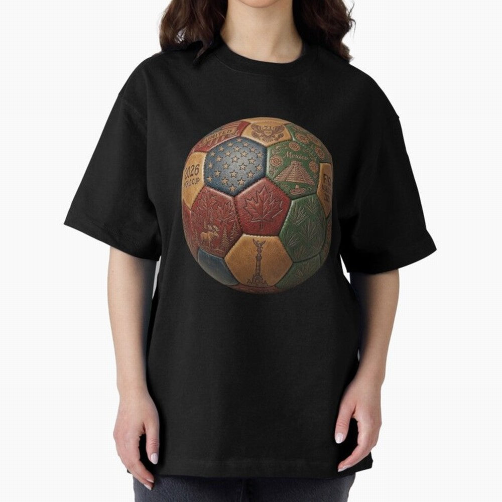 Artistic Ball for the 2026 World Cup ¨C USA, Mexico & Canada Football Design Oversized T-Shirt Celebrate Fan Culture around Match Day Hype around FIFA World Cup 2026, CR7 and Messi, Argentina and Brazil, Stadium Memories, Football Loyalty,
