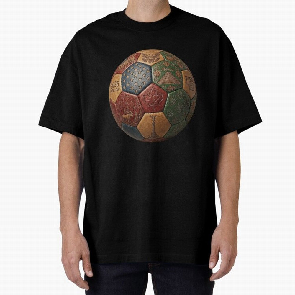 Artistic Ball for the 2026 World Cup ¨C USA, Mexico & Canada Football Design Oversized T-Shirt Celebrate Fan Culture around Match Day Hype around FIFA World Cup 2026, CR7 and Messi, Argentina and Brazil, Stadium Memories, Football Loyalty,