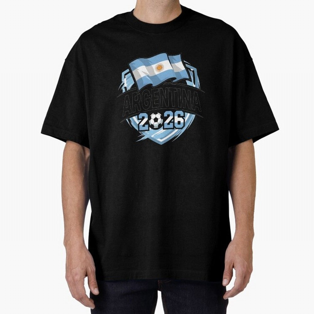 ARGENTINA World Cup 2026 Poster ¨C ARGENTINA Football Oversized T-Shirt Remember Iconic Moments from Match Day Hype around FIFA World Cup 2026 Group Stage, Messi, Neymar and Mbappe, Spain, Worldwide Fan Energy, Dramatic Goals, Stadium Lights and